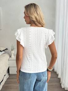 Louniche Maglietta estiva casual da donna, colore unito, stile boho con volant, top bianco in voile, camicetta bianca in pizzo traforato, top estivo bianco in pizzo, top con volant bianco in pizzo, top in pizzo bianco per donna, camicia bianca a maniche corte senza pieghe per donna, top bianco da donna, top da allenamento da donna, camicetta da lavoro da donna, top e camicette casual da donna per l'estate, top estivi da donna, camicetta carina da donna casual ed elegante, top estivi da donna - Bianco - Visualizzare 2
