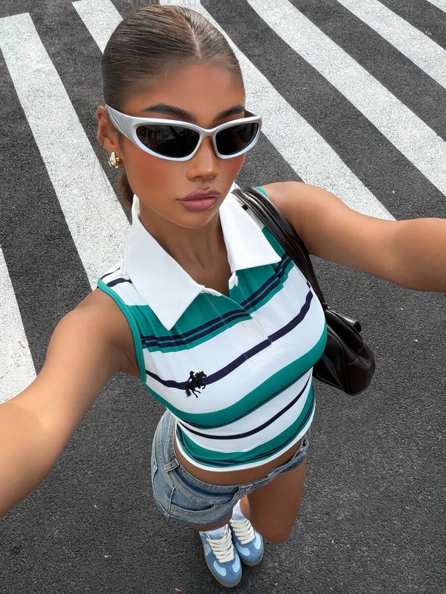 Muchica Women's Street Fashion Striped Print Embroidered Tank Top - Multicolor - View 1