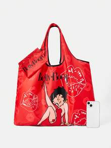 Betty Boop x SHEIN Fashion College Badge Pattern Waterproof Large Capacity Tote Bag - Red bottom lip - View 5