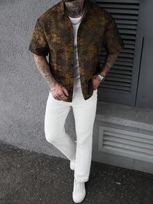 SLATEMANN 男士衬衫一件，提花设计，大胆个性化，宽松落肩廓形，流行INS风格，送给男友的礼物，成熟休闲运动街头日常通勤返校假期穿搭，送给男友/老公的理想礼物，情侣装 - 黑色 - 查看 5