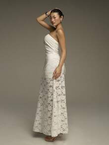 COSMINA Asymmetric Hem Crop Top And Lace Skirt Set, Slit Design, Women's Wedding Guest Outfit, Women's Summer Outfit, White Women's Wedding Suit, Women's Party Outfit, Daily Wear, Street Style - White - View 6