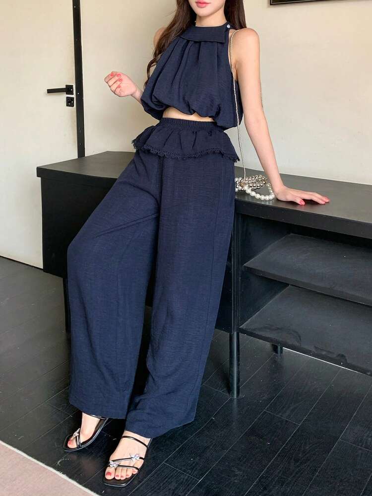 Spring & Summer Ruffle Hem Floral Patchwork Straight Leg Casual Pants Set, Sleeveless Vest Crop Top, Blue, Suitable For Valentine's Day, Wedding, Casual, Beach, Elegant Office Wear, Sweet 2-Piece Set For Women
