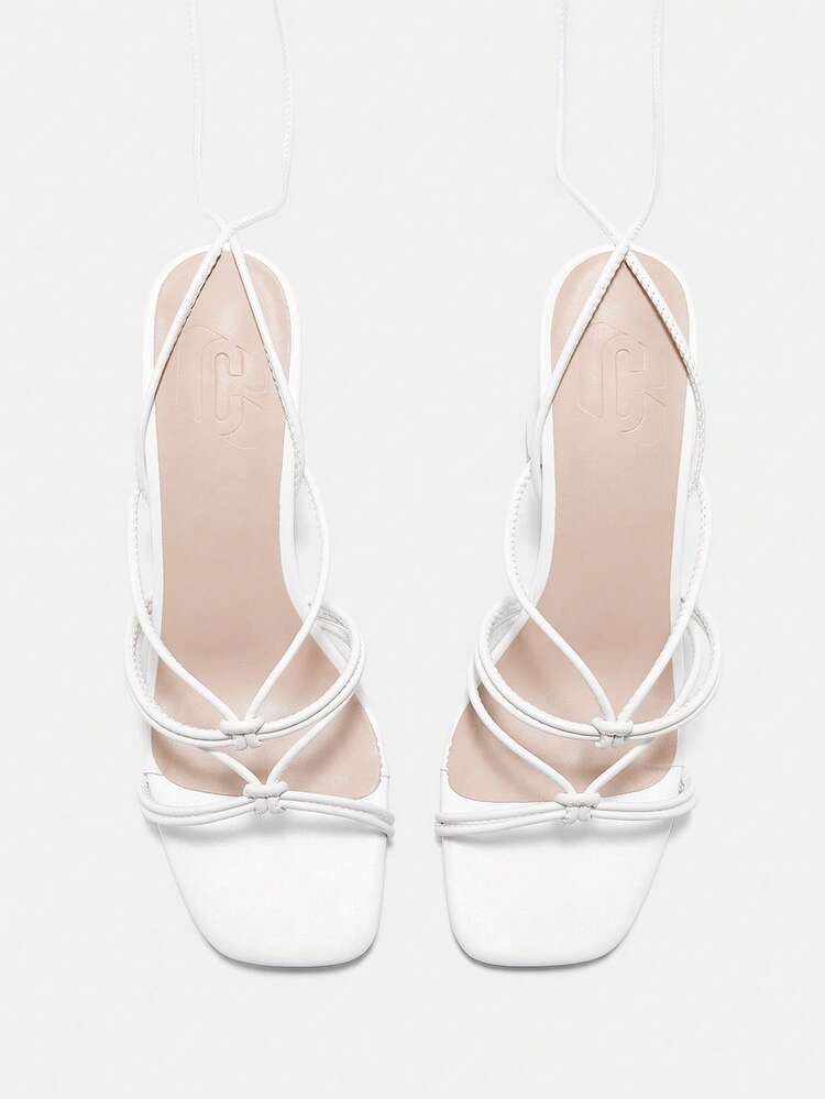 CUCCOO CURVES Women Shoes Wide Fit Square Toe Thick High Heel Beige Strap Knotted Lace-Up Fashion Classic Comfort Ankle Strap Sexy High Heel Sandals Plus Size