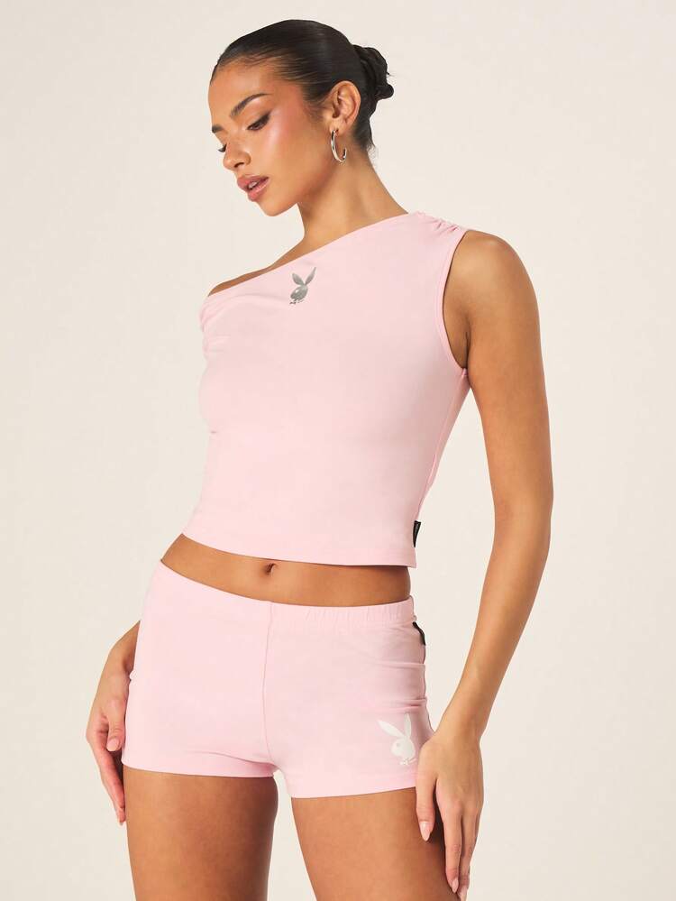 Missguided x Playboy Women's Pink Asymmetric One Shoulder Sleeveless Crop Top With Bunny Logo Casual Summer Fitted Activewear Style Comfortable