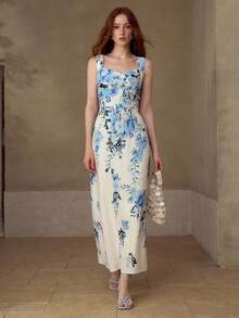 MOTF PREMIUM Đầm dài nữ in hoa, chất liệu cotton pha lanh, thích hợp mặc thường ngày và hẹn hò, mùa xuân/hè. - Xanh và trắng - Xem 8