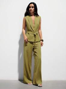 Aveloria Modichic New Women's Linen-Look Sleeveless Blazer Vest And Straight Leg Pants 2 Pieces Set - Green - View 4