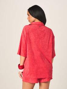 Missguided x Playboy Women's Terry Towelling Button Up Shirt And Shorts Pajama Set Beach Cover Up Loungewear Two Piece Outfit Collared Long Sleeve - Redwood - View 2