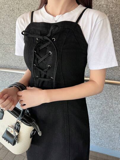 FRIFUL Front Tie Fitted Denim Maxi Dress