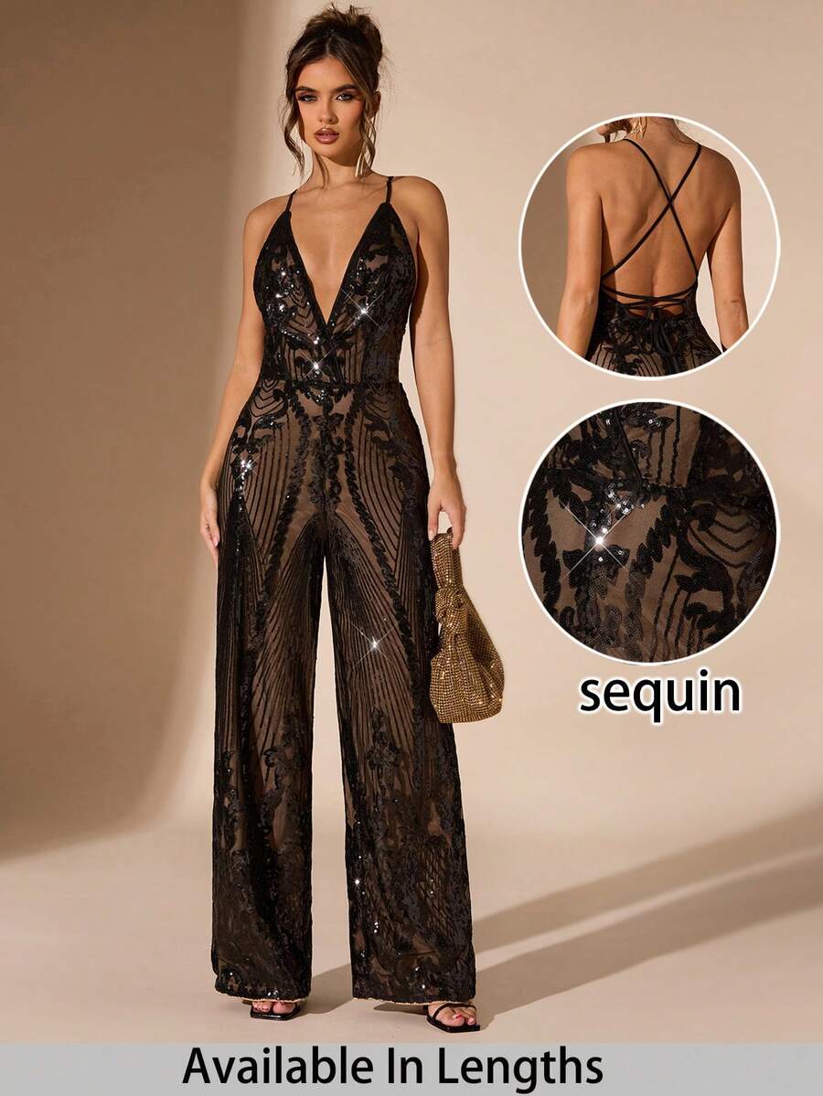 SHEIN Tall CURVE 大码女式亮片装饰深V性感阔腿连体裤 - 黑色 - 查看 1