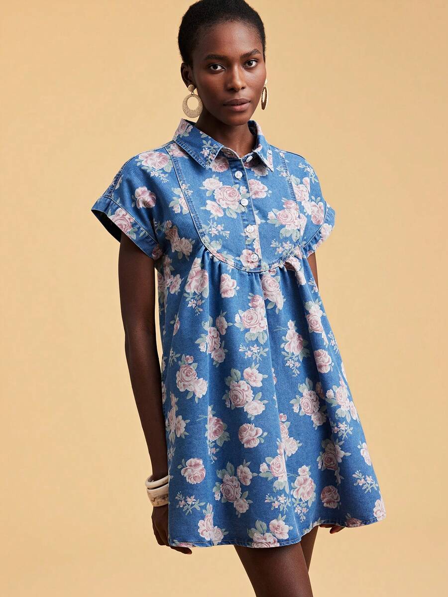 Travachic Women's Short Sleeve Fully Allover Print Ruffle Hem Denim Summer Dress - Light Wash - View 1