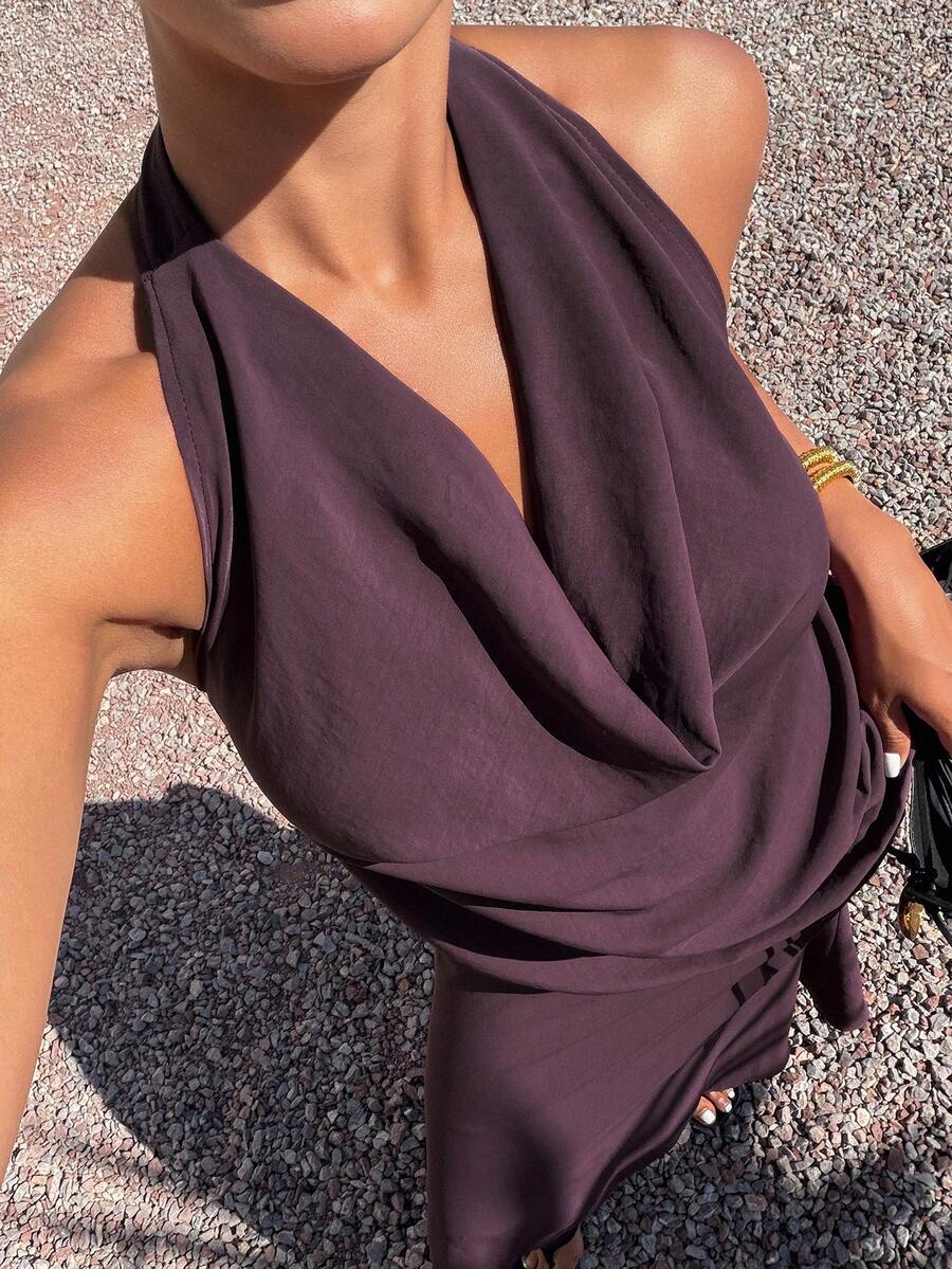 DAZY Conjunto de top halter sin espalda y falda de unicolor minimalista de estilo sexy y de vacaciones para mujer - Morado - Ver 1