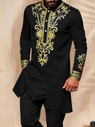 Manfinity AFTRDRK Men's Standard Size Robe Shirt, Middle Eastern Holiday Gift, Black Muslim Men Dashiki Black And Gold African Shirt, Long Sleeve Top