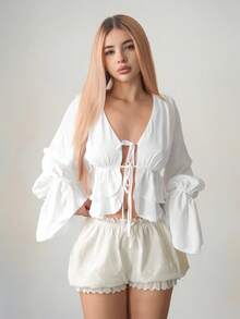 Sweetina 女士纯色V领系带灯笼袖荷叶边下摆短款上衣 - 白色 - 查看 6