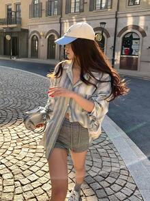 DAZY Áo thun nữ tay dài cổ bẻ cài một hàng khuy, kiểu dáng thường ngày, đa năng. - Màu xanh lam - Xem 4