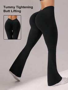 Easithlete Versatile Solid Color High Waist Fitted Flare Yoga Pants - Multicolor - View 4