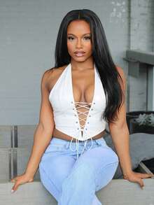 Steph T Top Blanco De Cuello Halter Con Cordones En La Parte Delantera - Blanco - Ver 4