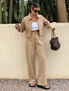 Livesso Women's Fashion Jacket & Straight Leg Jeans Set - Khaki - View 4