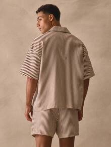 Musero Short Sleeve Dropped Shoulder Pinstripe Top Revere Collar Button Through Olives Graphic Printed Shirt Spring Summer Essentials Holiday - Brown - View 4