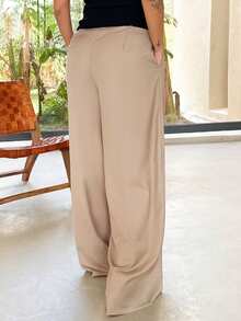 Mélanie ORL 超宽腿褶裥西装套装，仅含长裤，适合约会、外出、夜生活、工作、办公室、派对、优雅场合，以及情人节等春季穿着。 - 卡其色 - 查看 2