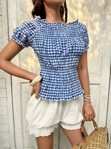 MainGRL 2026SS 蓝白格子可爱乡村假日音乐节女式衬衫 - 藍色 - 查看 1