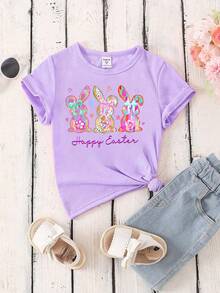 Young Girl' Basic Printed Round Neck Short Sleeve T-Shirt - Mauve Purple - View 5