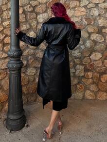 Bearsaez 女士休闲长款蓬松 PU 皮革拼接风衣，秋季 - 黑色 - 查看 2