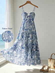 GlowEve Đầm maxi không tay cổ khoét eo họa tiết Paisley dành cho nữ, duyên dáng, thanh lịch, thích hợp mặc hàng ngày, phong cách boho chic, đi biển, đi làm, gợi cảm, hẹn hò, phong cách đường phố Pháp, retro, đa năng, màu xanh trắng, mới. - Nhiều màu - Xem 3