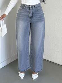 Alexandranx Women's Pocketed Wide Leg Loose Casual Versatile Denim Pants - Medium Wash - View 6
