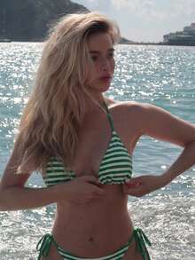 Turnttoni Bộ đồ bơi bikini gợi cảm kẻ sọc buộc dây đi biển mùa hè cho nữ - màu xanh lá - Xem 6