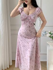 K-Vae V-Neck Ditsy Floral Waist Cinching Summer Maxi Dress - Pink - View 3