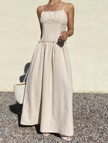 Livesso 度假风吊带荷叶边中长连衣裙 - 杏色 - 查看 1