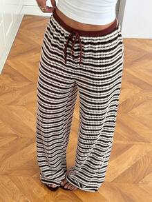 Muchica Brown Striped Knit Casual Pants For Women - Brown - View 5