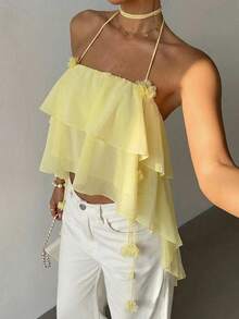 Aloruh 女士纯色3D立体花卉装饰双层荷叶边露背上衣 - 黃色 - 查看 1