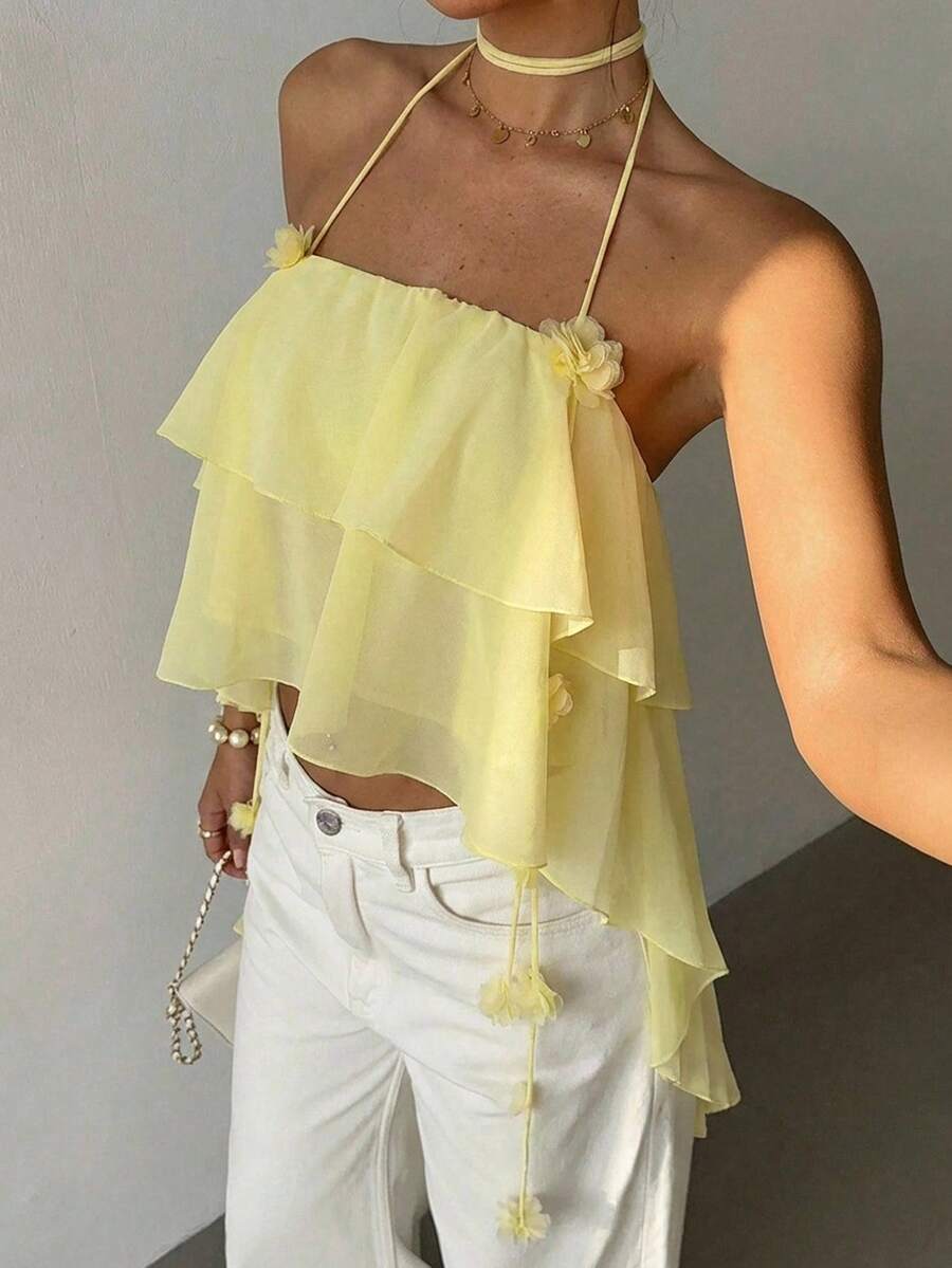 Aloruh 女士纯色3D立体花卉装饰双层荷叶边露背上衣 - 黃色 - 查看 1