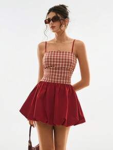 Poéselle Women's Summer Casual Plaid Patchwork Spaghetti Strap Mini Dress - Multicolor - View 6