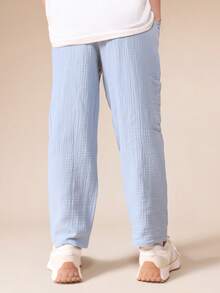 SUMWON Quần cargo hai lớp vải dáng rộng, có túi bên hông, kiểu dáng thoải mái, thích hợp cho bé trai và thiếu niên, cạp quần có dây rút điều chỉnh dễ chịu. - Màu xanh lam - Xem 2