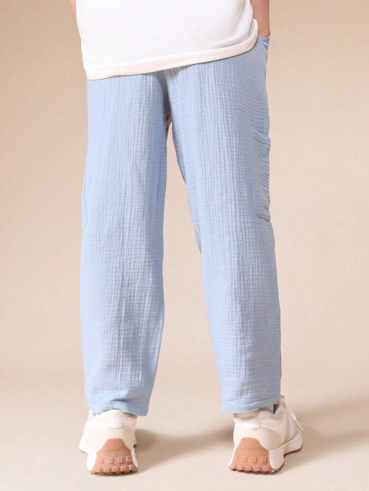 Double Cloth Relaxed Cargo Pants With Side Pockets Casual Loose Fit Boys Tween Bottoms Comfortable Drawstring Waistband