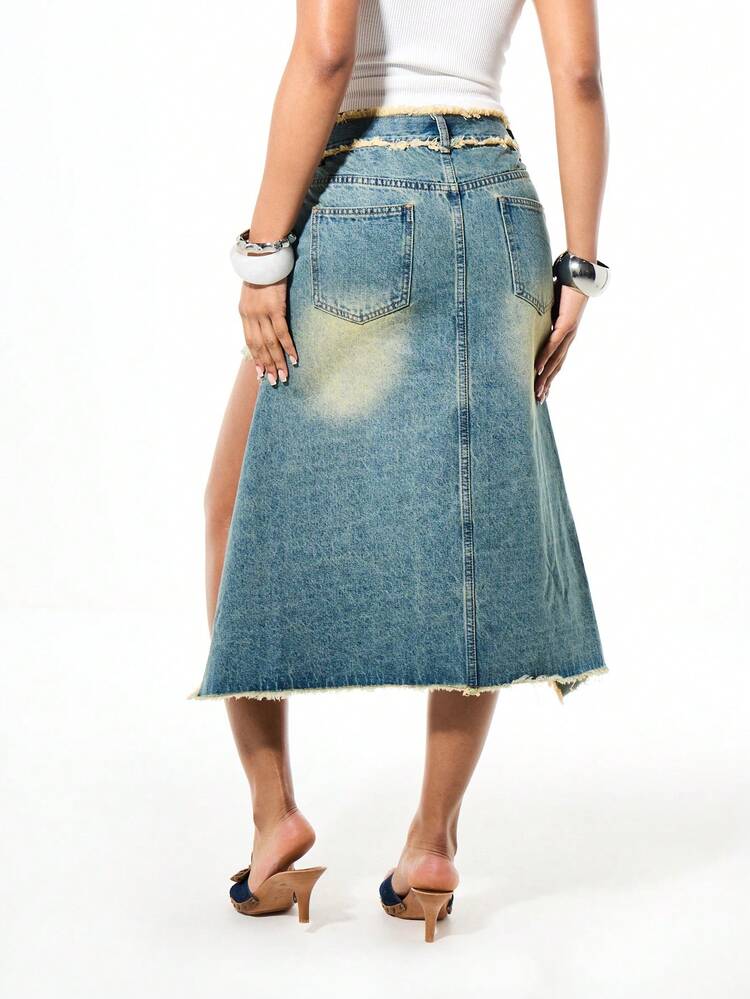 SUMWON Denim Asymmetric Raw Edge Mini Skirt With Side Slit High Waisted Vintage Washed Blue Jean Skirt Casual Summer Festival