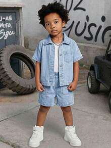 Conjunto informal y minimalista de niño pequeño en denim lavado azul claro - Azul - Ver 4