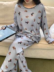 DAZY Happy Dog Print Loose Women Pajama Set - Grey - View 4