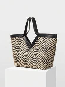 MOTF PREMIUM WOMEN'S FASHION RESORT ZEBRA STRAW TOTE BAG, SUITABLE FOR COMMUTING, VACATION AND TRAVEL - Black - View 3