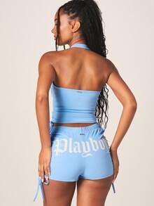 Missguided x Playboy 夏季休闲装，露背吊带抽绳背心，饰有兔子图案。 - 藍色 - 查看 2