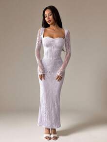 SHEIN PETITE Đầm maxi đen ôm sát cơ thể, dài tay, dáng chữ S, chất liệu ren, có gọng nâng ngực, cổ vuông, ôm sát, dành cho nữ, thích hợp cho các buổi tiệc mùa hè, hẹn hò. - Màu tím hoa cà - Xem 13