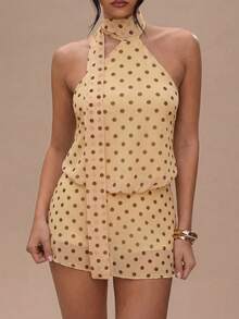 SHEIN BAE 女士波点露背系带时尚约会派对迷你连衣裙 - 黃色 - 查看 4
