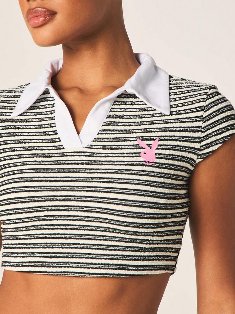 Missguided x Playboy Striped Polo Crop Top With Collar Short Cap Sleeves Horizontal Stripes Bunny Logo Summer Casual