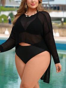 Swim Lushoire Plus Size Women Swimsuit Cover Up, Hollow Out Beach Dress With Short Front And Long Back Sleeves - Black - View 3