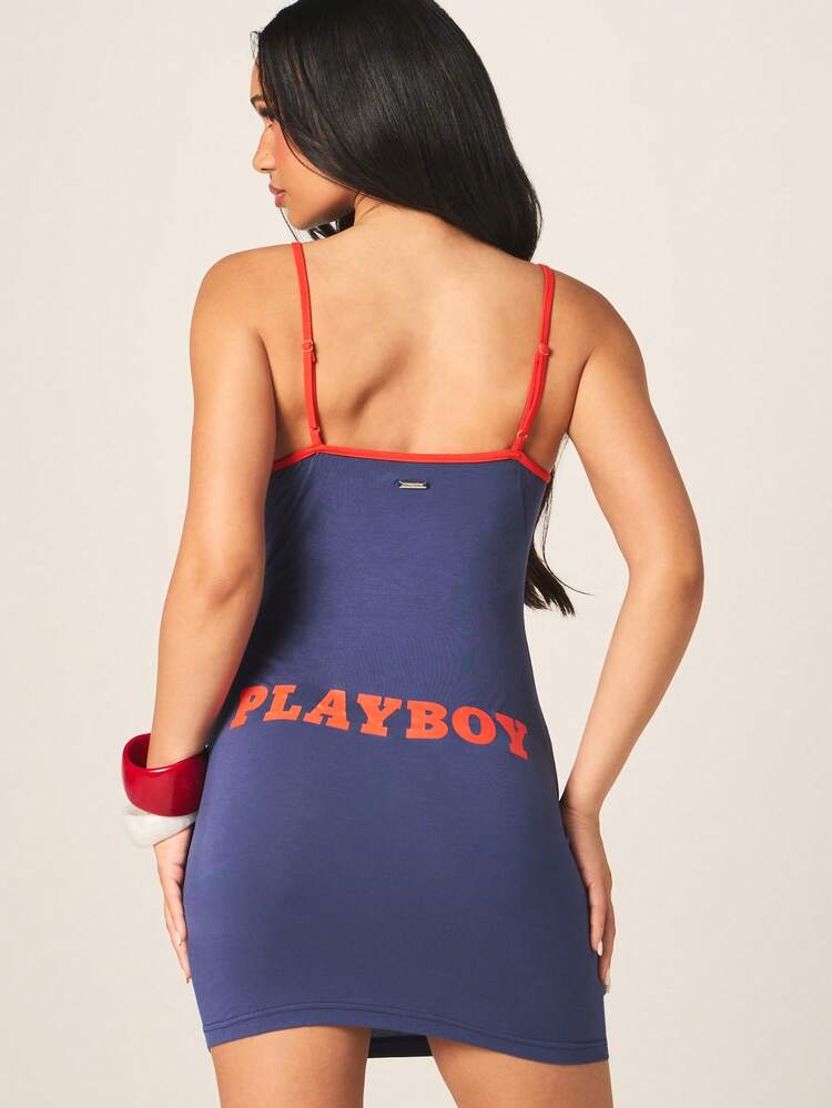 Missguided x Playboy Logo Navy Blue Strappy Mini Dress With Orange Text Print And Spaghetti Straps For Party Evening