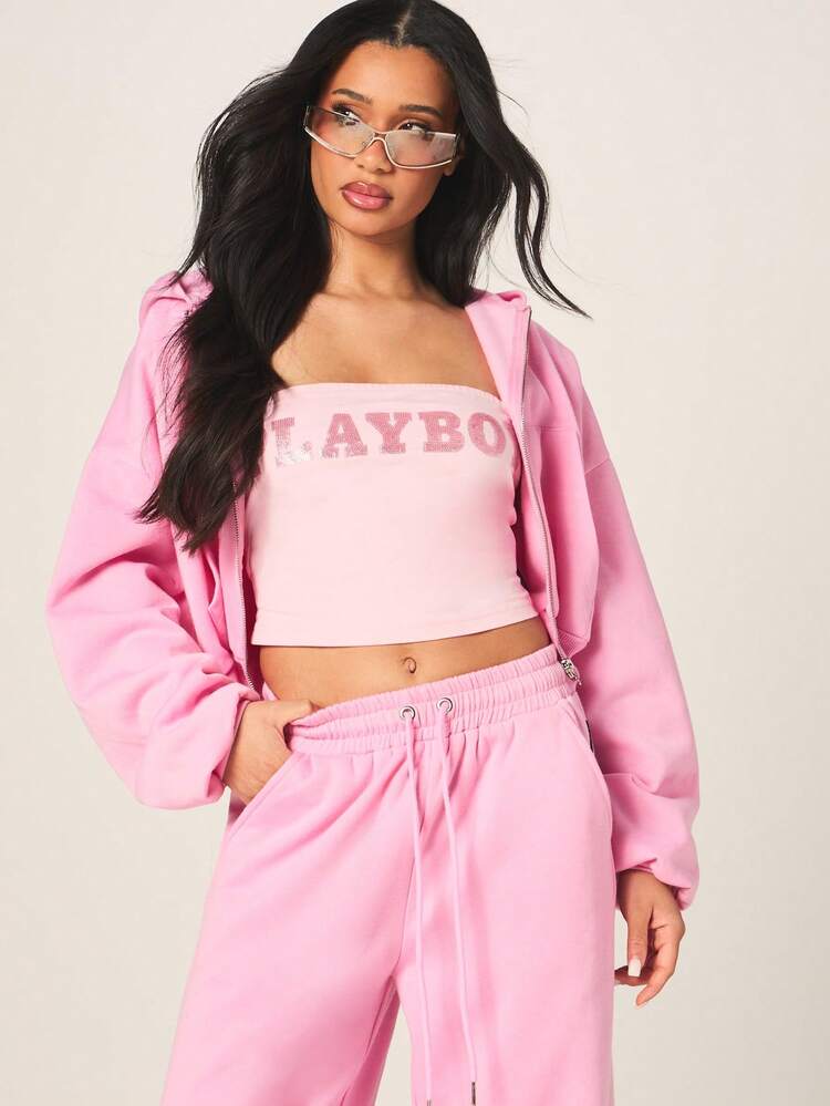 Missguided x Playboy Sequin Graphic Oversized Crop Zip Hoodie With Drawstring For Women Winter Casual Streetwear