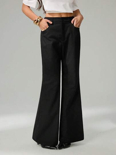 SHEIN Tall Women's Black Corduroy Pants With Rivet Pockets, Elegant Business Casual Flare Trousers For Autumn/Winter