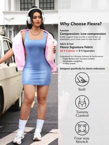 Flexra 女士方领无袖修身时尚牛仔连衣裙 - 藍色 - 查看 2